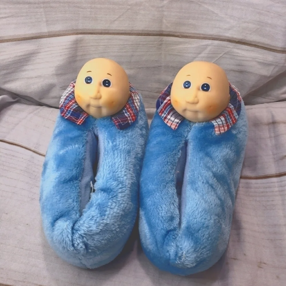 Cabbage Patch Kids Blue Plush Slippers Boy Head 1984 Youth 13 Slip On Bootie